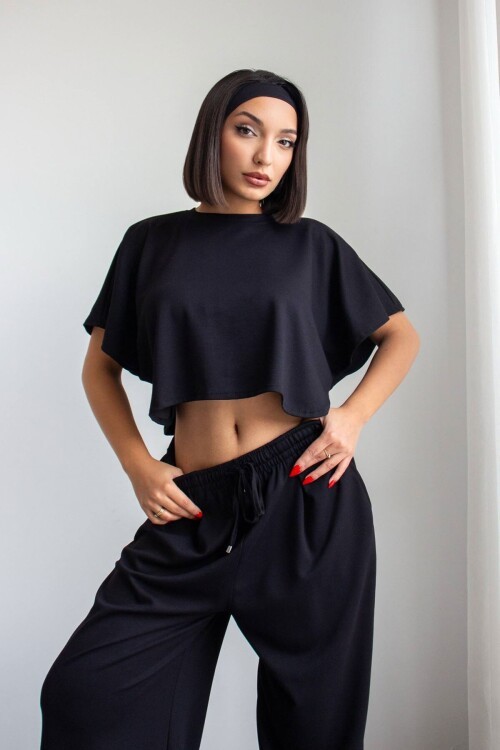 Siyah Bol Paça Rahat Kesim Modal Kumaş Alt Üst Takım