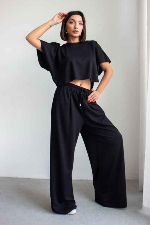 Siyah Bol Paça Rahat Kesim Modal Kumaş Alt Üst Takım