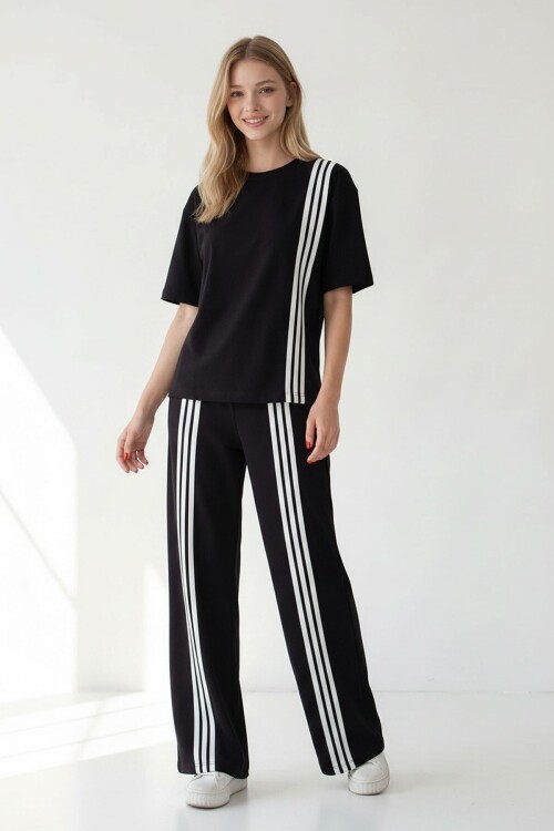 Siyah Çizgili Modal Kumaş Alt Üst Takım