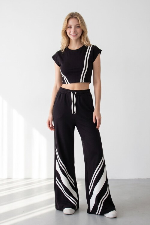Siyah Çizgili Modal Kumaş Crop Alt Üst Takım