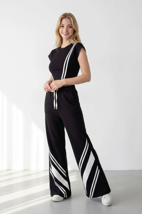 Siyah Çizgili Modal Kumaş Crop Alt Üst Takım