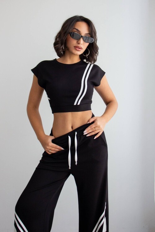 Siyah Çizgili Modal Kumaş Crop Alt Üst Takım