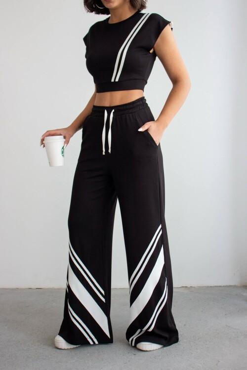 Siyah Çizgili Modal Kumaş Crop Alt Üst Takım