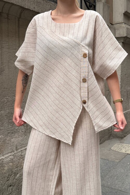 Siyah Çizgili Yandan Düğmeli Alt Üst Keten Takım 