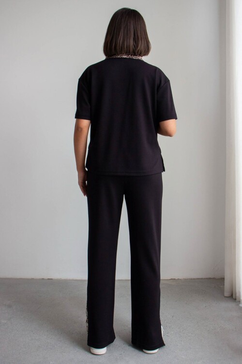 Siyah Leopar Garnili Modal Kumaş Alt Üst Takım