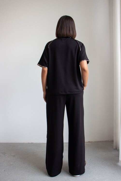 Siyah Leopar Garnili Modal Kumaş Alt Üst Takım