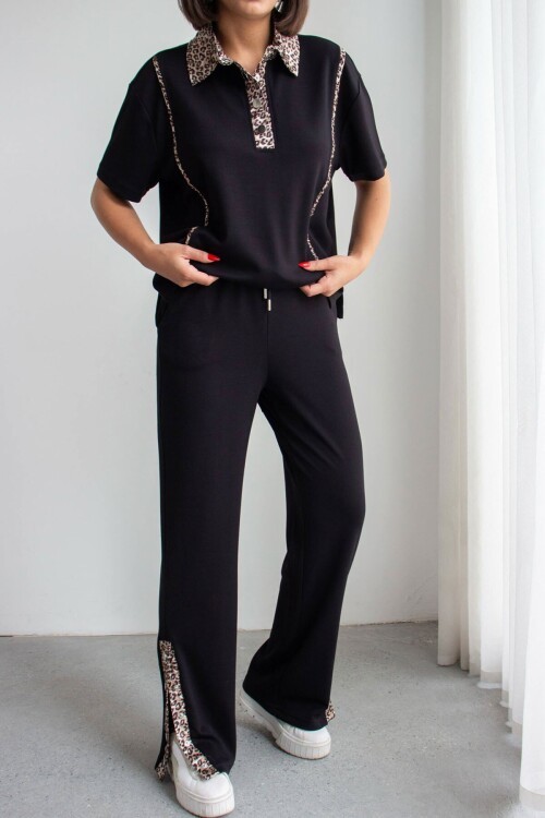 Siyah Leopar Garnili Modal Kumaş Alt Üst Takım