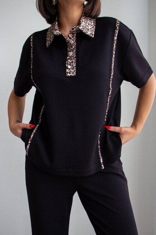 Siyah Leopar Garnili Modal Kumaş Alt Üst Takım