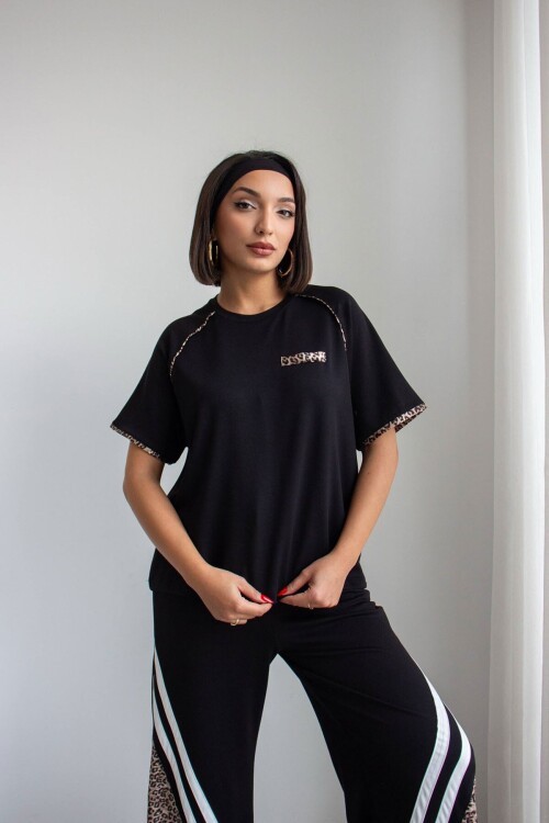 Siyah Leopar Garnili Modal Kumaş Alt Üst Takım