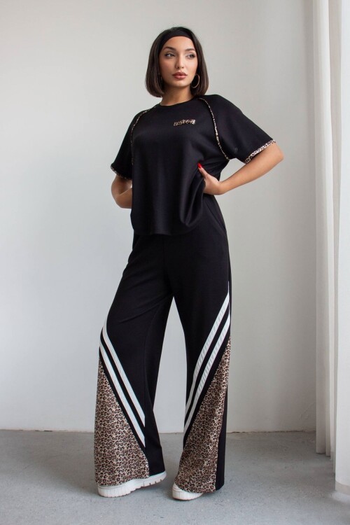 Siyah Leopar Garnili Modal Kumaş Alt Üst Takım