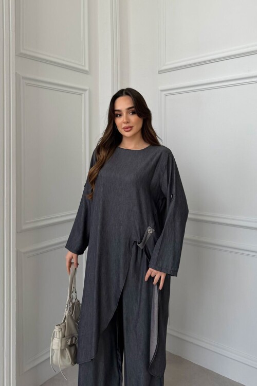 Siyah Önden Ve Arkadan Yırtmaçlı Tensel Kumaş Alt Üst Takım