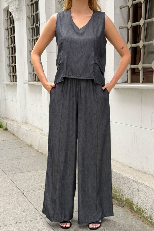 Siyah V Yaka Sıfır Kol Tensel Kumaş Dokuma Alt Üst Takım 