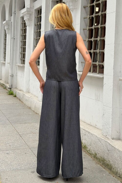 Siyah V Yaka Sıfır Kol Tensel Kumaş Dokuma Alt Üst Takım 