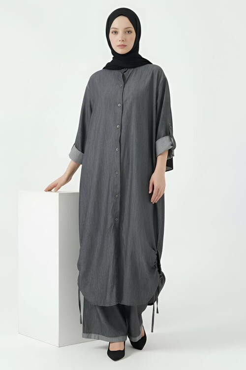 Antrasit Yanları Büzgülü Uzun Boy Gömlek Pantolon Tensel Kumaş Tesettür Alt Üst Takım