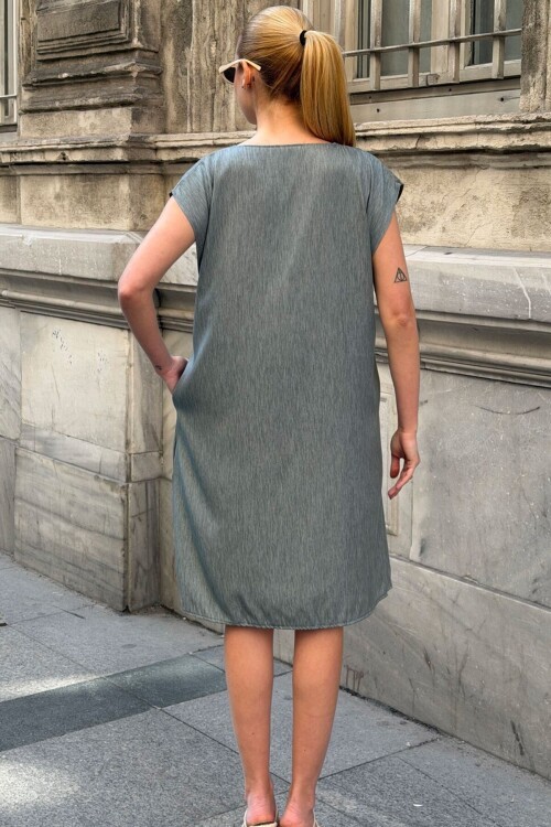 Çağla Yeşili Fermuarlı Cepli Tensel Kumaş Dokuma Elbise