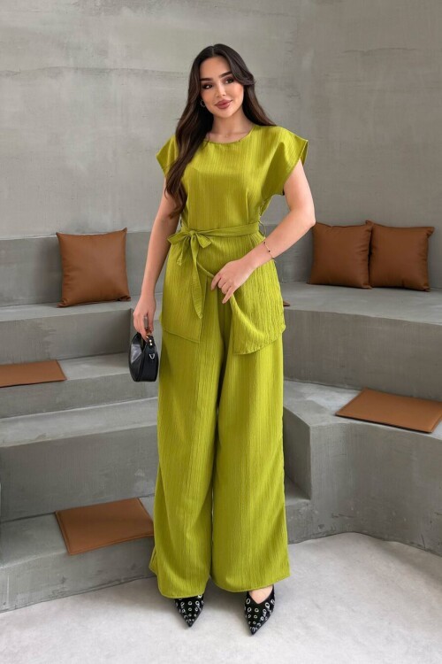 Yağ Yeşili Asimetrik Kesim Kuşaklı Yazlık Kumaş Alt Üst Takım