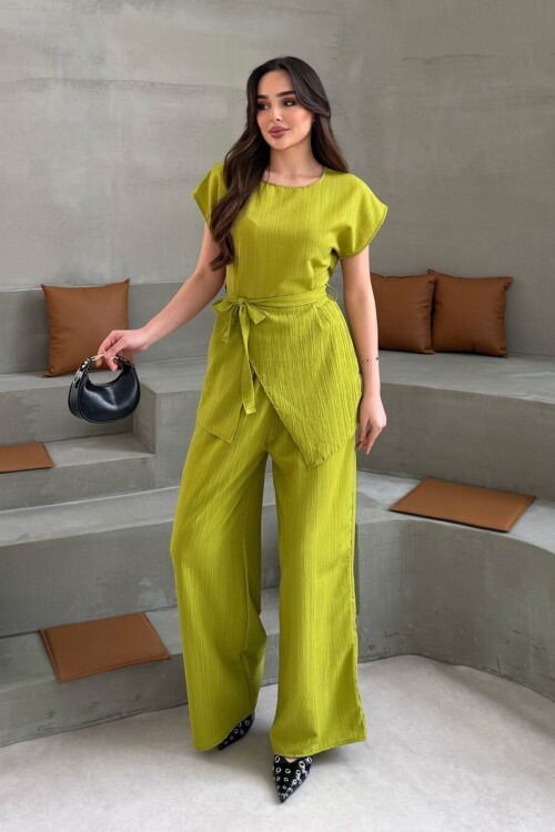 Yağ Yeşili Asimetrik Kesim Kuşaklı Yazlık Kumaş Alt Üst Takım