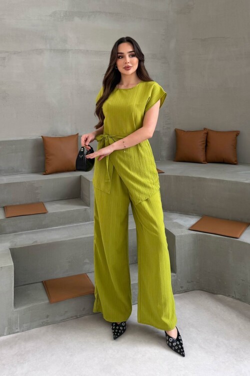 Yağ Yeşili Asimetrik Kesim Kuşaklı Yazlık Kumaş Alt Üst Takım