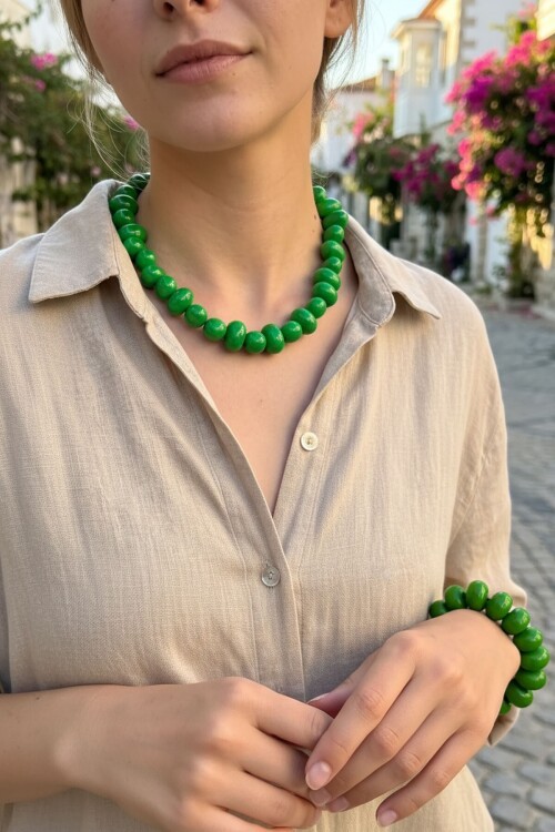 Yeşil Büyük Taşlı Modern Tarz Etnik Bileklik Kolye Set