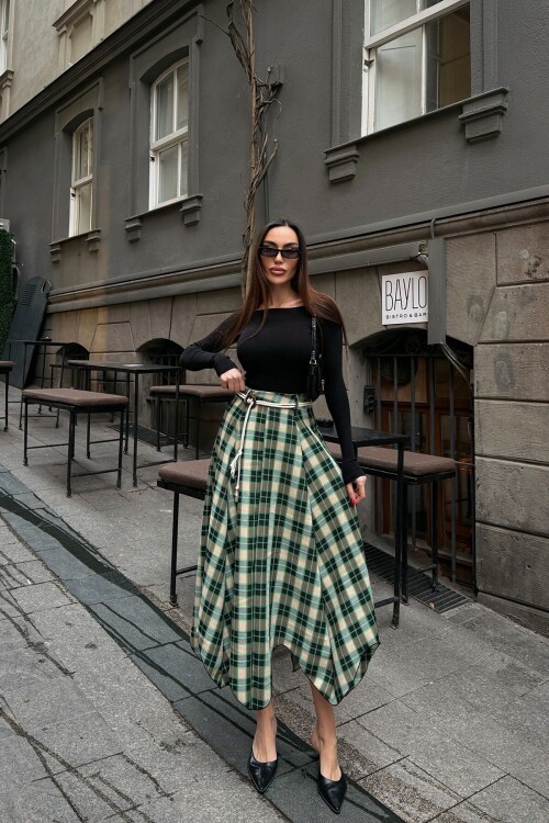 Yeşil Ekose Desenli Beli Kemerli Maxi Boy Etek