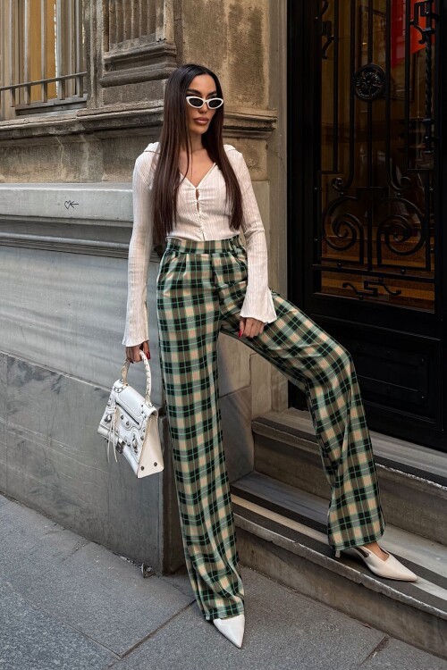 Yeşil Yüksek Bel İspanyol Paça Ekose Pantolon