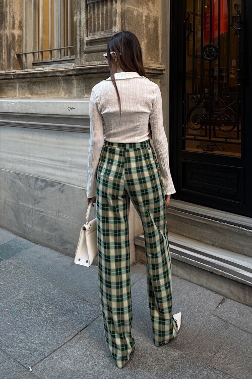 Yeşil Yüksek Bel İspanyol Paça Ekose Pantolon