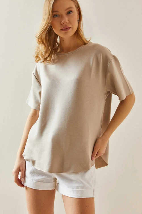 Bej Bisiklet Yaka Oys Modal Oval Kesim Yumuşak Dokulu Basic T-Shirt BC241115