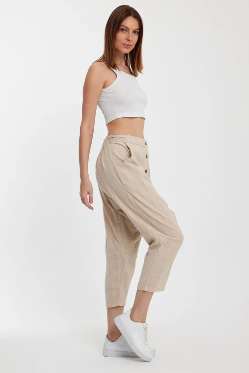 Maxi Boy Bej Çift Cepli Düğme Detaylı Düşük Ağ Şalvar Pantolon BCVL-245326