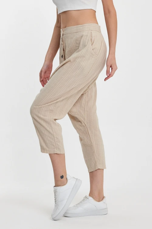 Maxi Boy Bej Çift Cepli Düğme Detaylı Düşük Ağ Şalvar Pantolon BCVL-245326