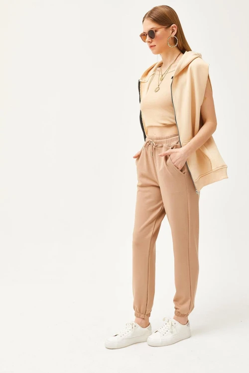 Bej Çift Cepli Yumuşak Dokulu Modal Paçası Lastikli Jogger Eşofman Altı