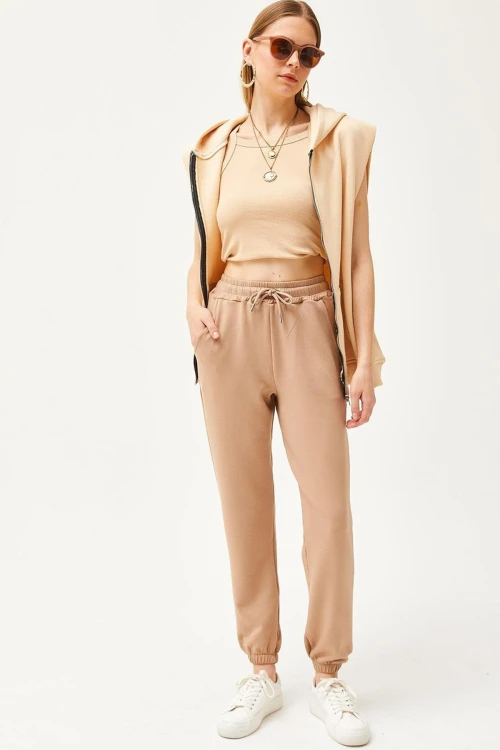 Bej Çift Cepli Yumuşak Dokulu Modal Paçası Lastikli Jogger Eşofman Altı