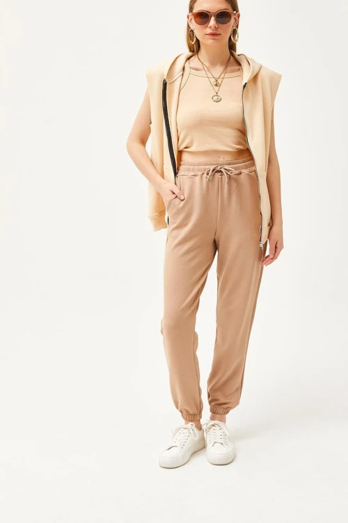 Bej Çift Cepli Yumuşak Dokulu Modal Paçası Lastikli Jogger Eşofman Altı