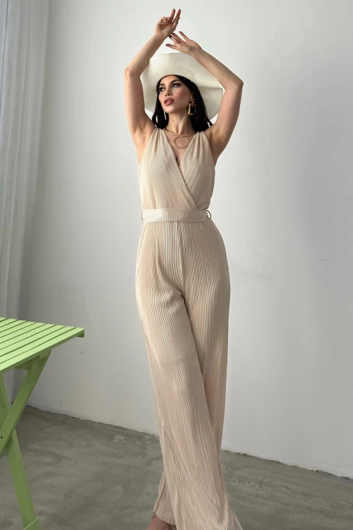 Bej V Yaka Kuşaklı Krinkle Tulum BCDF-241074