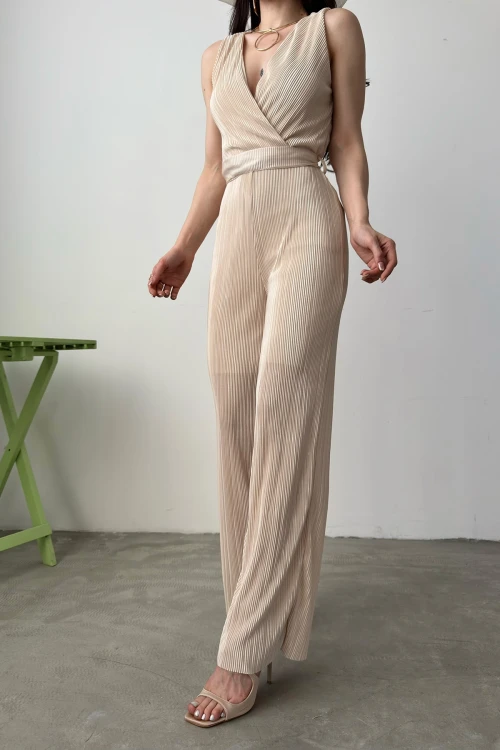 Bej V Yaka Kuşaklı Krinkle Tulum BCDF-241074