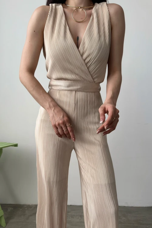 Bej V Yaka Kuşaklı Krinkle Tulum BCDF-241074