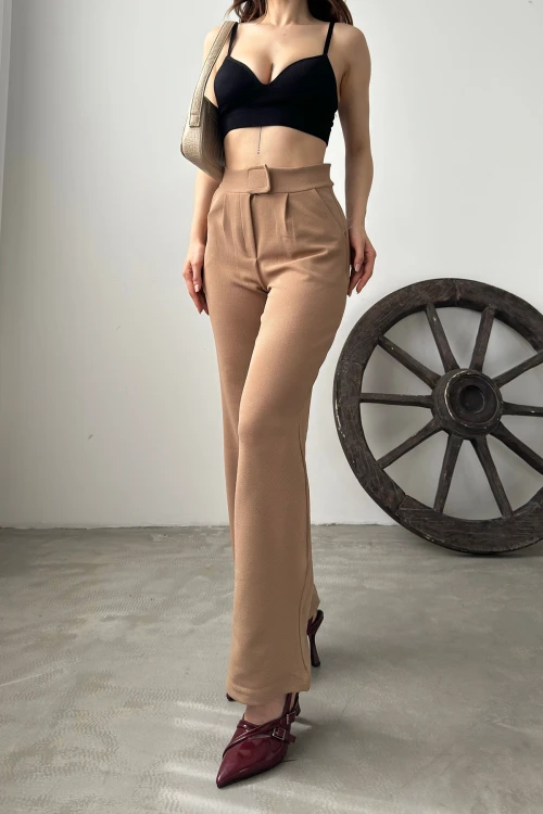 Bej Yüksek Bel Pileli Palazzo Pantolon BCDF-24CH1109