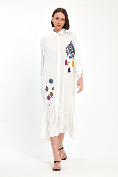 Maxi Boy Beyaz Nakış İşlemeli Uzun Boy Dokuma Elbise BCVL-241022