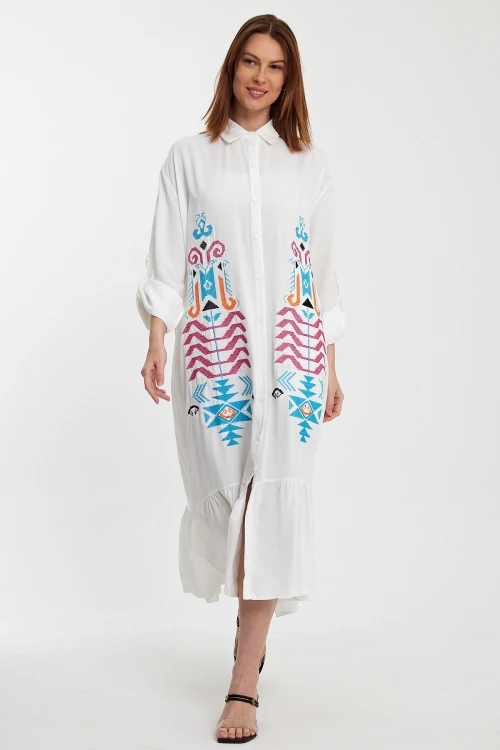 Maxi Boy Beyaz Nakış İşlemeli Uzun Boy Dokuma Gömlek Elbise BCVL-24954