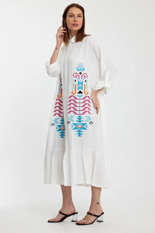Maxi Boy Beyaz Nakış İşlemeli Uzun Boy Dokuma Gömlek Elbise BCVL-24954