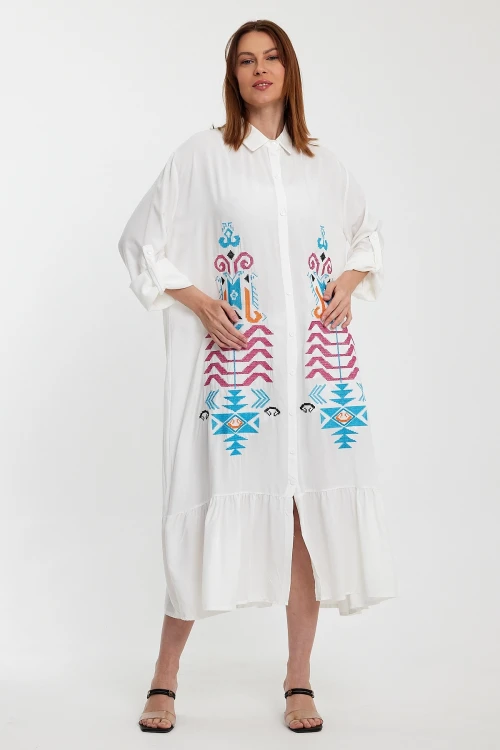 Maxi Boy Beyaz Nakış İşlemeli Uzun Boy Dokuma Gömlek Elbise BCVL-24954