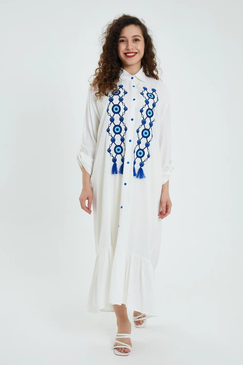 Maxi Boy Beyaz Nakış Ve Püskül Detaylı Uzun Boy Gömlek Elbise BCVL-24946