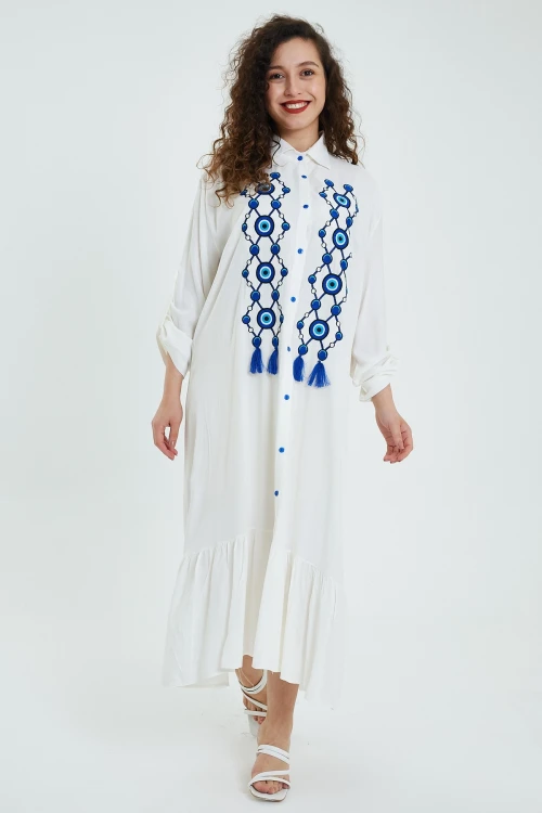 Maxi Boy Beyaz Nakış Ve Püskül Detaylı Uzun Boy Gömlek Elbise BCVL-24946