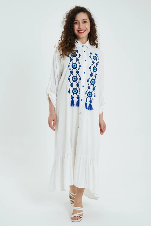 Maxi Boy Beyaz Nakış Ve Püskül Detaylı Uzun Boy Gömlek Elbise BCVL-24946