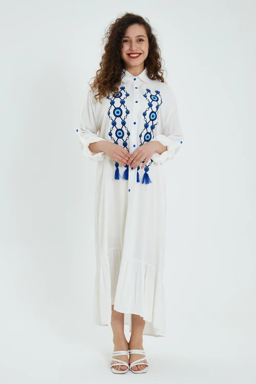 Maxi Boy Beyaz Nakış Ve Püskül Detaylı Uzun Boy Gömlek Elbise BCVL-24946