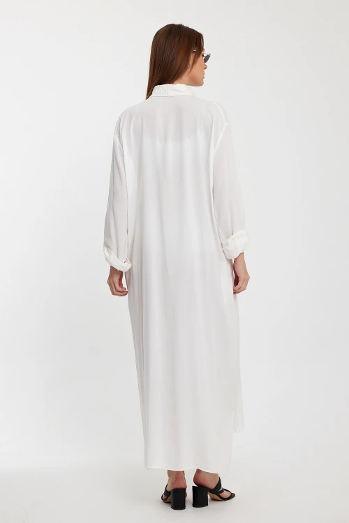 Maxi Boy Beyaz Payet İşlemeli Uzun Boy Dokuma Gömlek Elbise BCVL-24943