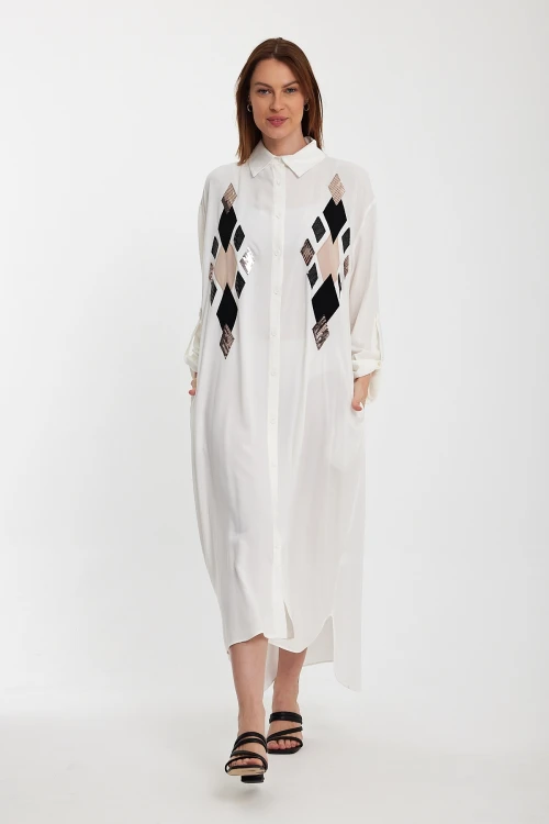 Maxi Boy Beyaz Payet İşlemeli Uzun Boy Dokuma Gömlek Elbise BCVL-24943