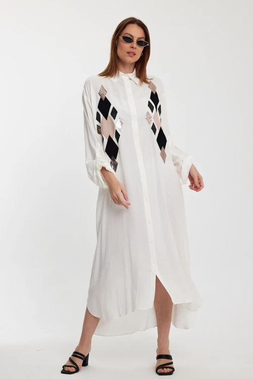 Maxi Boy Beyaz Payet İşlemeli Uzun Boy Dokuma Gömlek Elbise BCVL-24943
