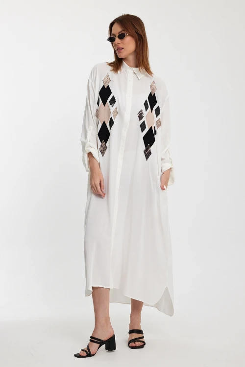 Maxi Boy Beyaz Payet İşlemeli Uzun Boy Dokuma Gömlek Elbise BCVL-24943