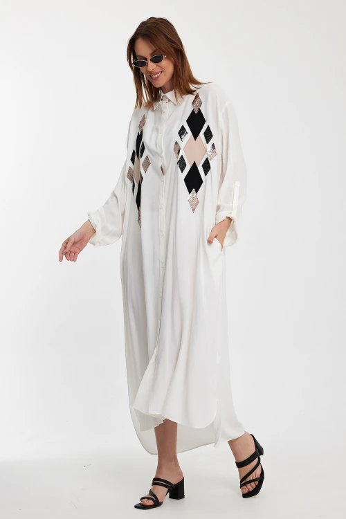 Maxi Boy Beyaz Payet İşlemeli Uzun Boy Dokuma Gömlek Elbise BCVL-24943