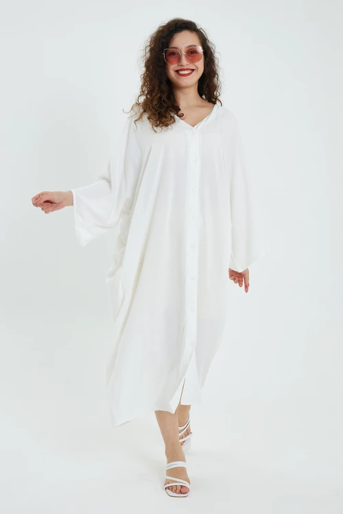 Maxi Boy Beyaz V Yaka Sırtı Nakışlı Oversize Uzun Dokuma Gömlek Elbise BCVL-24906